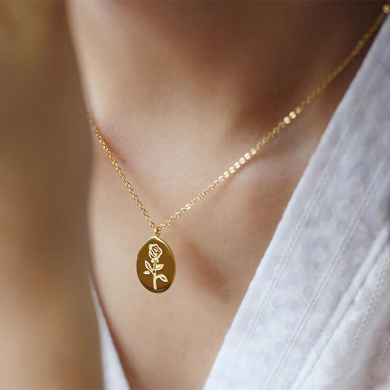 Birth Flower Necklace - 스테인레스 스틸 목걸이 여성 장미 꽃