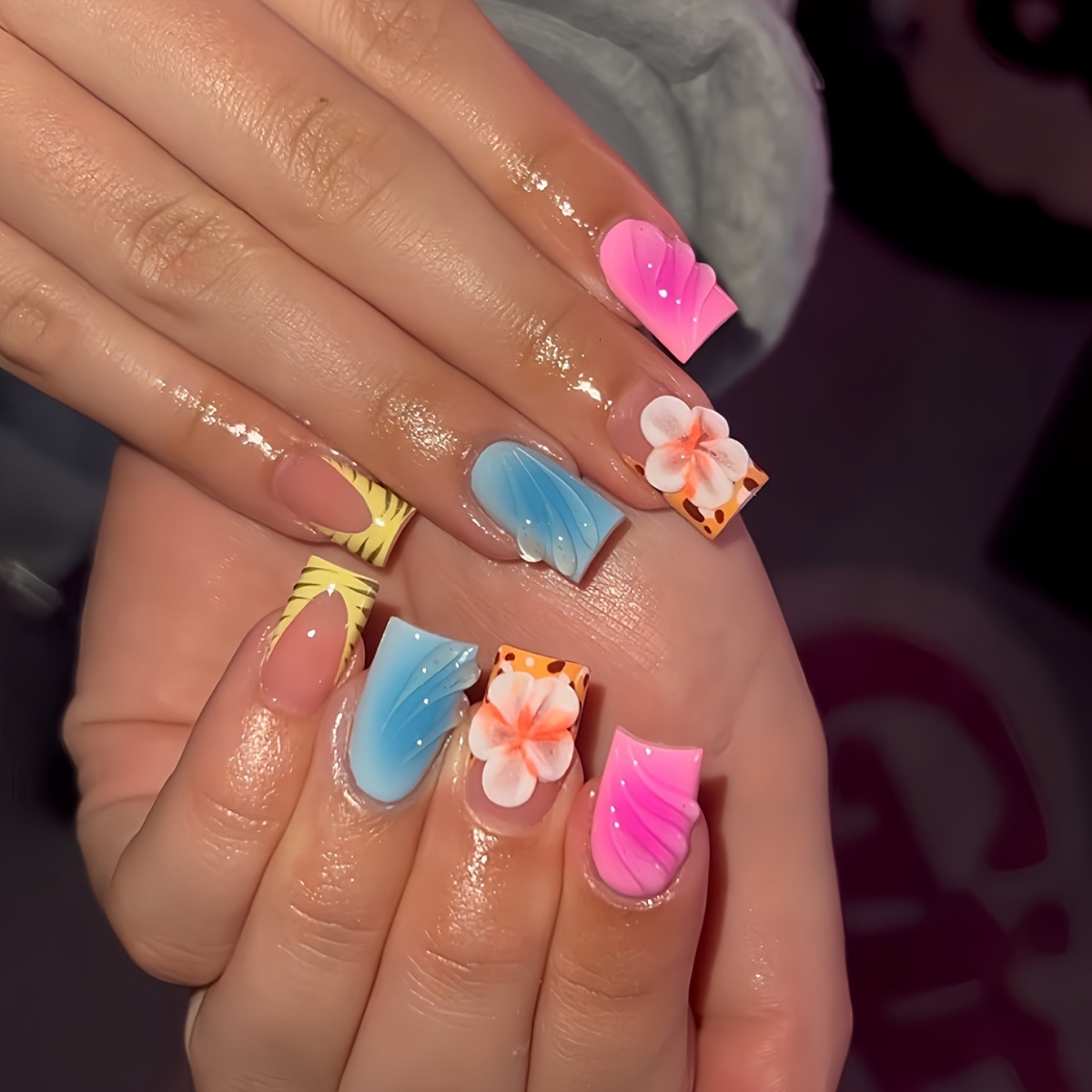 Pressed Flower Art - 24pcs 짧은 사각형 머리 거짓 손톱