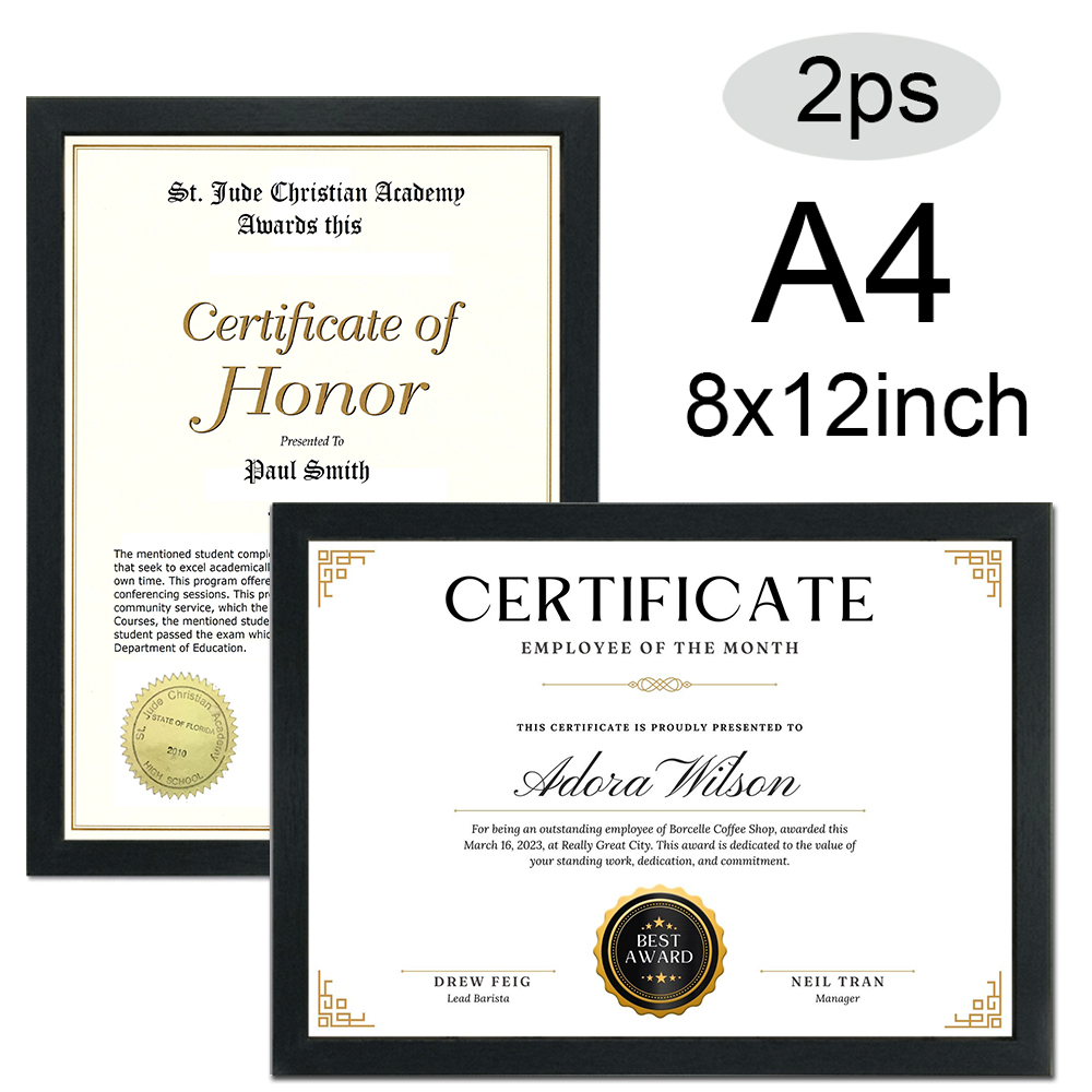 Engraved Wood Frame - 2PC 8x12인치 블랙 인증서 사진 프레임
